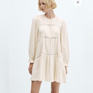 Mango Cream Long Sleeve Rustic Dress with Lace